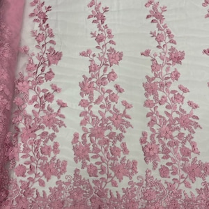Candy Pink 3D floral design embroider and beaded with pearls on a mesh lace-prom-dresses-nightgown-apparel-fashion-Sold by yard.