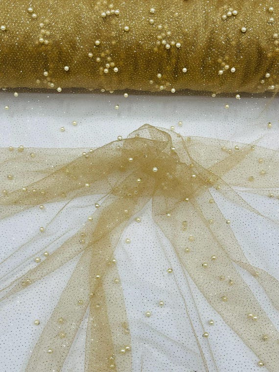 Nude Pearl Glitter Studded Mesh, 2-Way Stretch Shimmer Mesh Fabric, Sold by the yard.