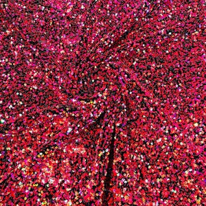 Fuchsia goud iriserend zwart 54-inch stretchfluweel met luxe pailletten helemaal over 5 mm glanzende pailletten 2-way stretch. Wordt op maat gesneden.