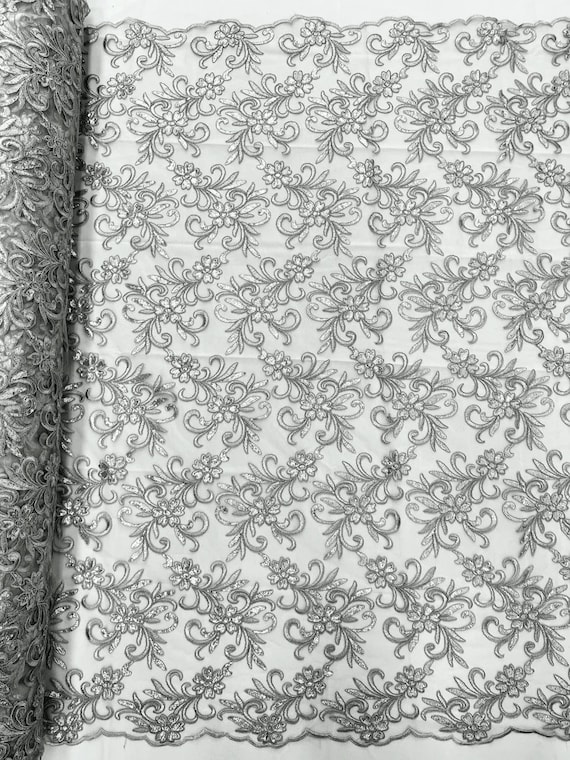 Floral Design Embroidery On a Mesh Lace With Sequins And Cord-Dresses-Fashion-Prom-Nightgown-Sold By the Yard Silver Gray