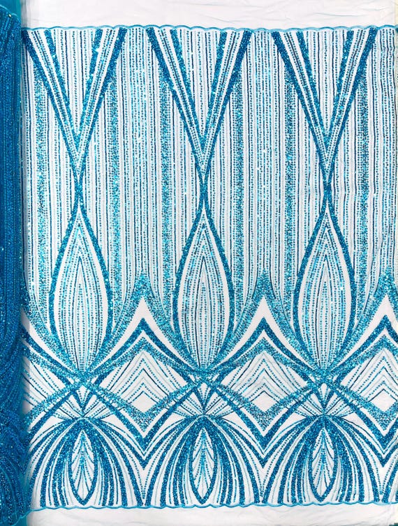 Turquoise Geometric New York Fashion Beaded Lace, By The Yard.