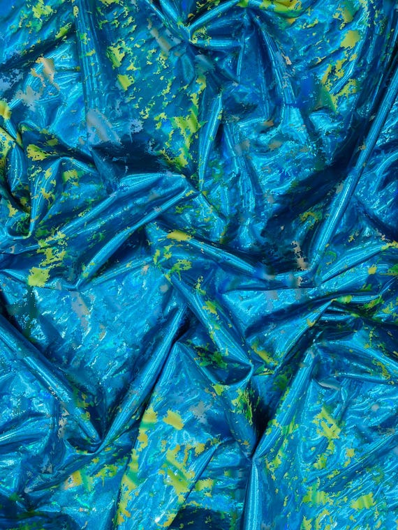 Turquoise Splatter Foil Paint Metallic Print on a 4-way Stretch Tie Dye Nylon Spandex Tricot/Milliskin -Sold by the yard.