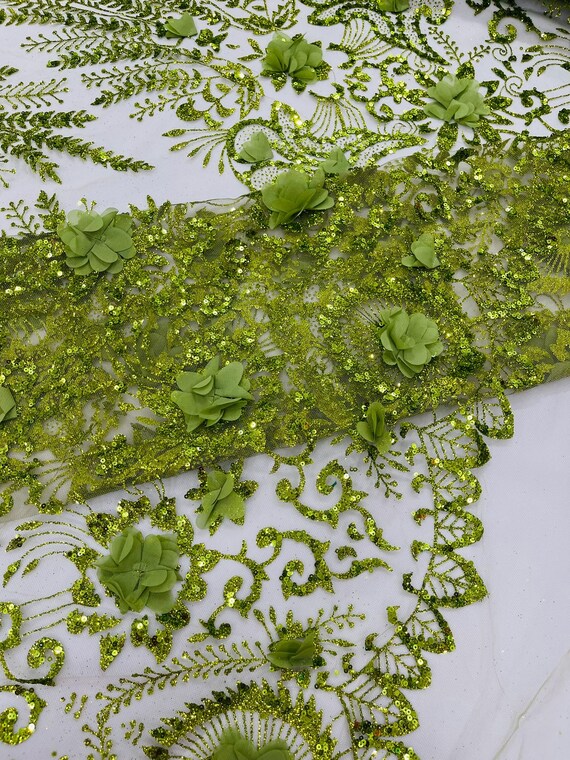 Olive Green Floral 3D Palm Damask with glitter in a Mesh Lace- Sold by the yard.
