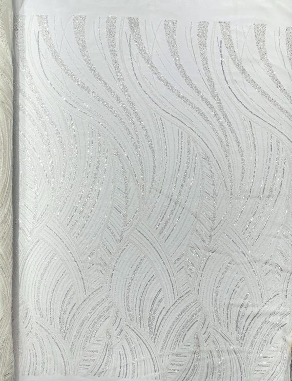 White Luxury Feather Damask Beaded Lace Fabric| Prom| Wedding| By The Yard.