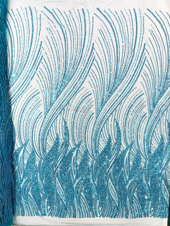 Turquoise Flame Fashion Beaded Lace Fabric| Prom| Wedding| By The Yard.
