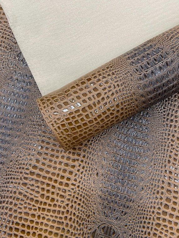 Aloha Brown Glossy Two Tone Gator Fake Leather Upholstery, 3D Crocodile Skin Texture Faux Leather PVC Vinyl, 54" Wide
