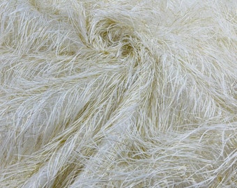 Ivory Gold Shaggy Faux Ostrich Feather Fringe Fabric - By The Yard