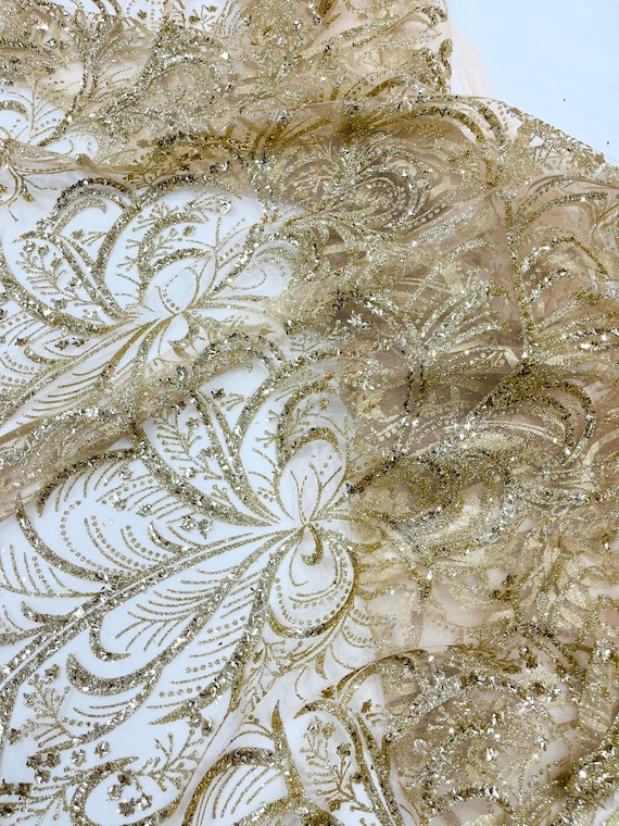 Gold Champagne Palm Glitter Vine Design On A Mesh Lace Fabric 58"' Wide Prom.