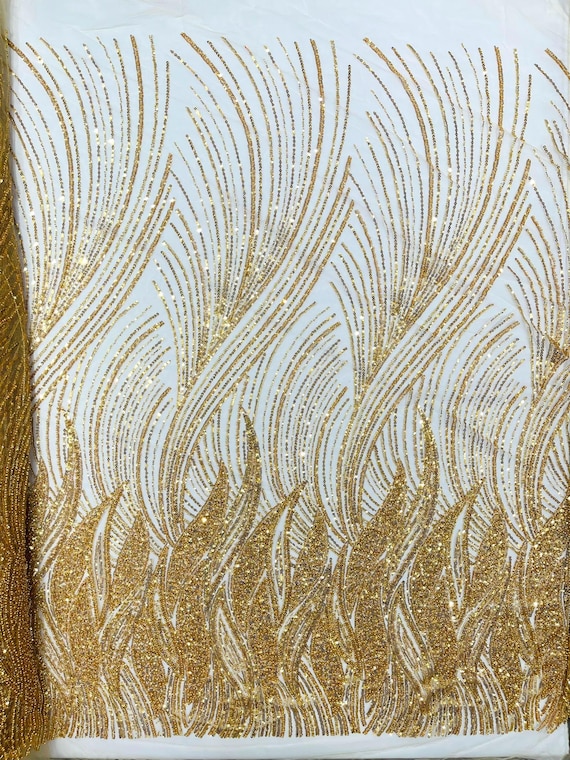 Gold Flame Fashion Beaded Lace Fabric| Prom| Wedding| By The Yard.