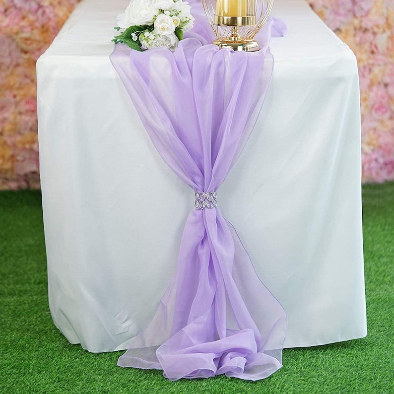Purple-themed wedding reception supplies - lilac chiffon table runner