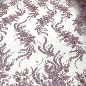 Flowers With Embroider and Heavy Beaded On a Mesh Lace Fabric-Sold By The Yard. Mauve