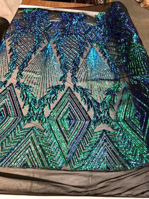 Geometric Diamond Design with Shiny Sequins On a 4 Way Stretch Mesh-Dresses-Prom-Nightgown-Sold By The Yard- Green Iridescent Black