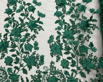 Hunter Green Princess 3D Floral Design Embroider and Beaded With Pearls On a Mesh Lace-Prom-Dresses-Nightgown-Apparel-Fashion-Sold by Yard.