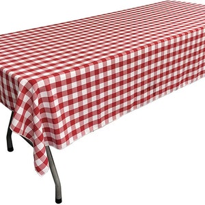 White & Red Polyester Poplin Gingham Checkered Rectangular Tablecloth.