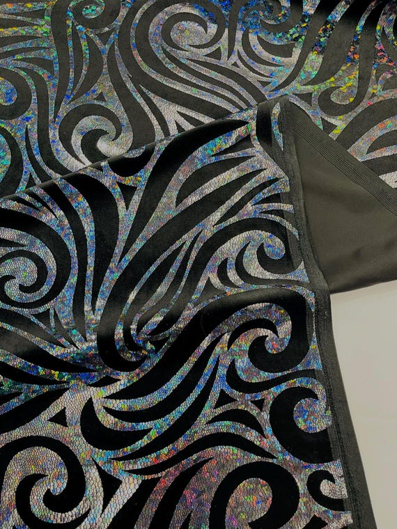 Black Holographic Foil Tribal Flame Design On A Stretch Velvet Fabric. By The Yard