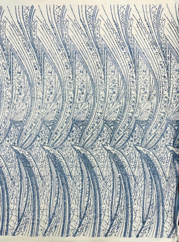 Light Blue Geometric Fashion Glitter Design On A Mesh Lace Fabric| 58" Wide| Prom Dresses.