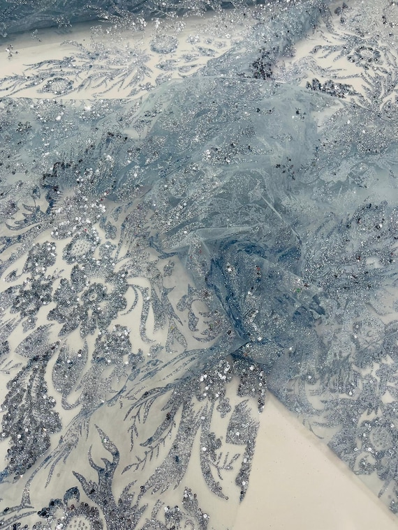 Light Blue Big Glitter Damask Design On A Mesh Lace Fabric/Prom/Sold By The Yard