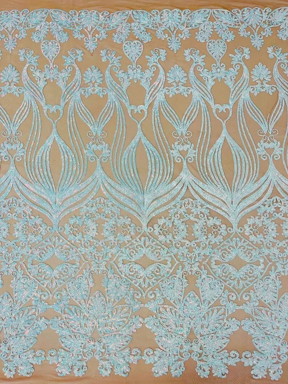 New Shiny Damask Design on a 4 Way Stretch Mesh-Prom-Sold by The Yard. Aqua Iridescent Nude