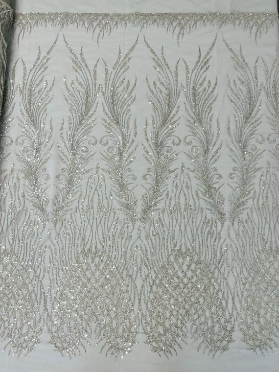 Silver Feathers damask embroider and heavy beaded on a mesh lace fabric- Sold by the yard