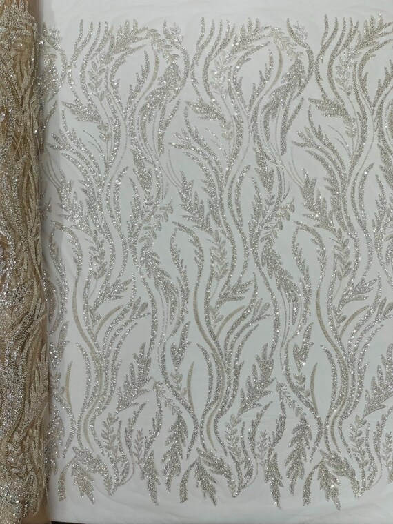 Clear Nude Luxury Festival Beaded Vine Lace Fabric, Sold by The Yard.