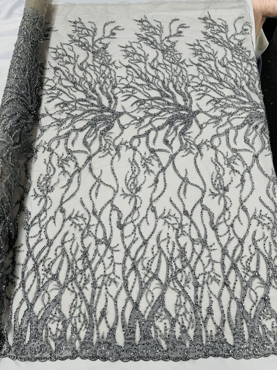 Vine Design Embroider and Heavy Beading On a Mesh Lace-Sold By the Yard. Silver
