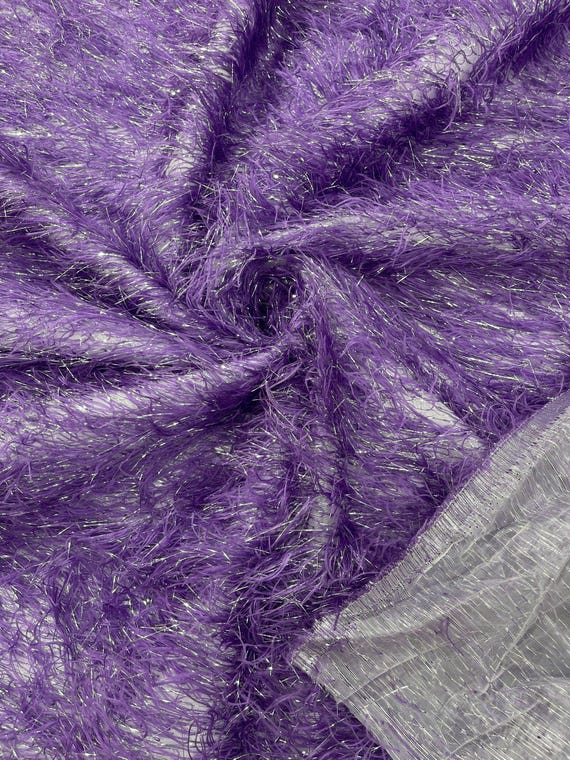 Lavender Shaggy Jacquard Faux Ostrich/Eye Lash Feathers Sewing Fringe With Metallic Thread Fabric By The Yard