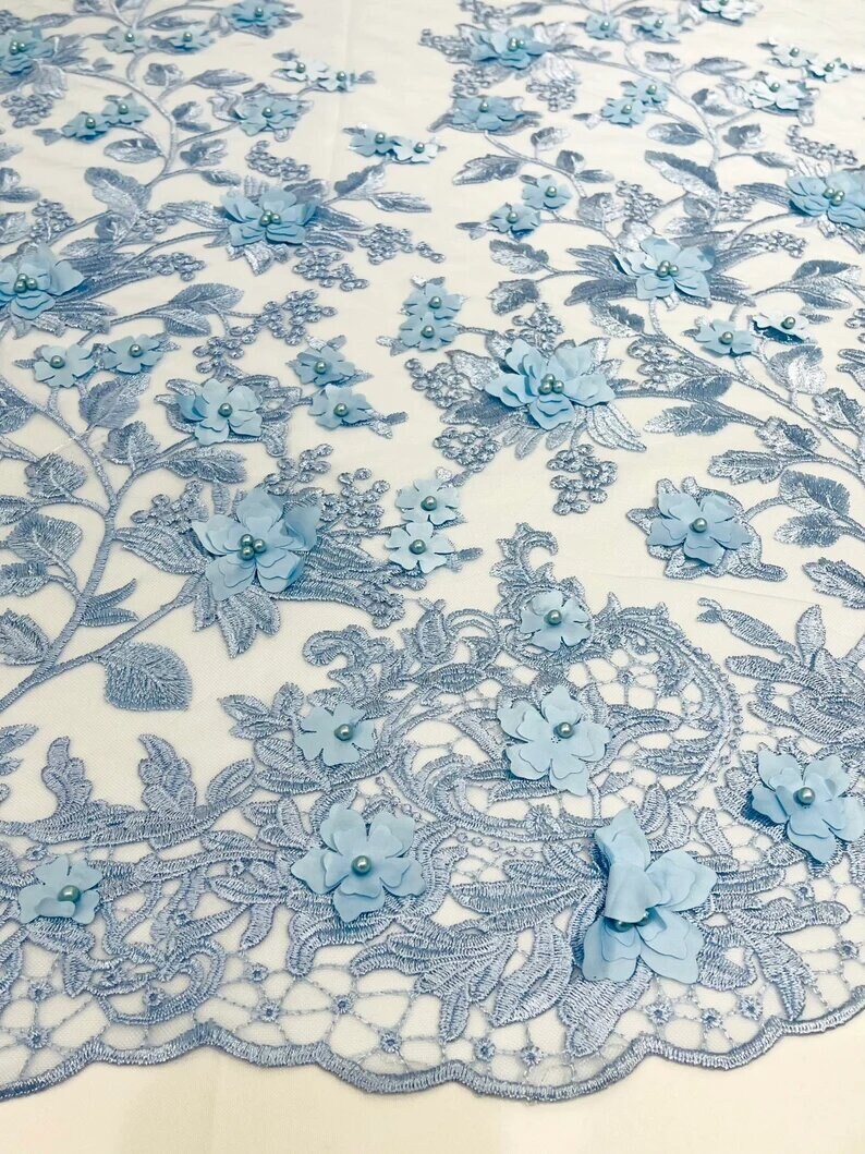 3D floral design embroider with pearls in a mesh lace-sold by the yard. Royal Blue main image 0
