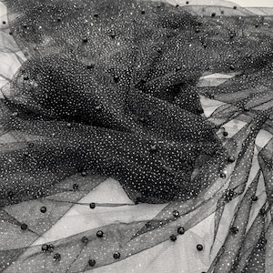 Scattered Pearls Studded with Glitter Mesh, 2-Way Stretch, Sold By the Yard Black