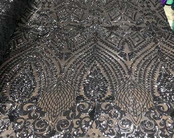 Black Diamond Geometric Sequin On A Stretch Mesh Fabric. By The Yard