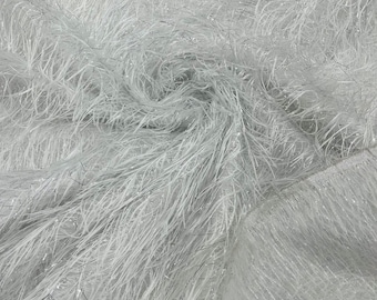 White/Silver - Shaggy Jacquard Faux Ostrich/Eye Lash Feathers Sewing Fringe With Metallic Thread Fabric By The Yard