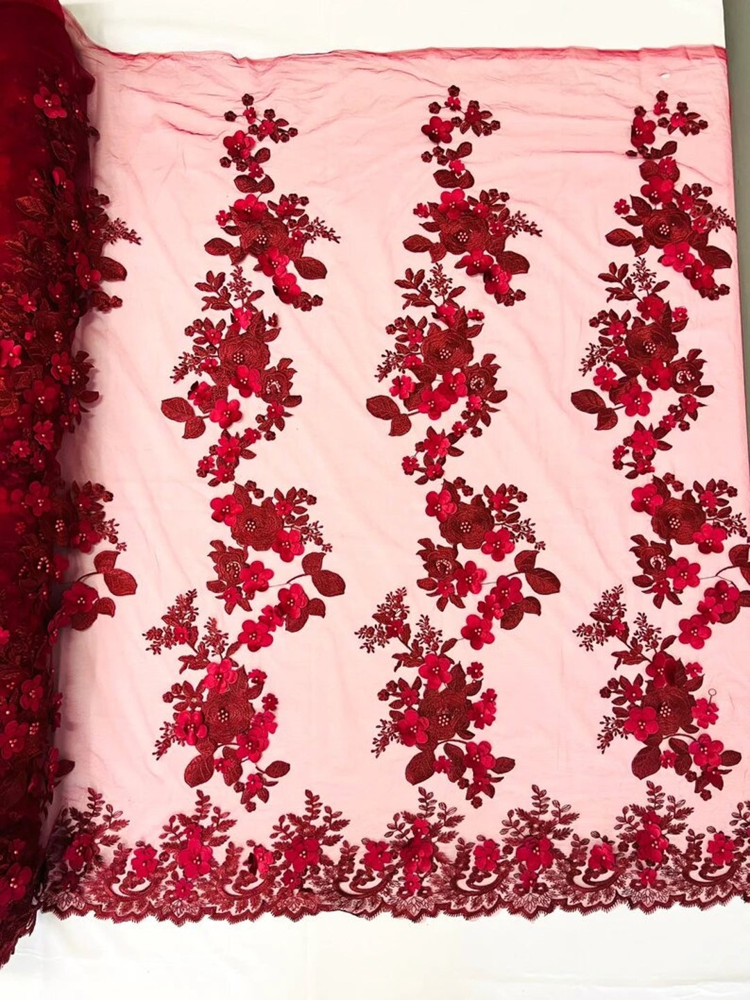 3D floral design embroider with pearls in a mesh lace-sold by the yard. White