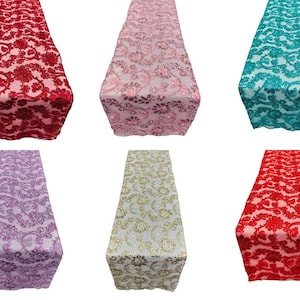 May include: Set of 6 table runners in various colors, including red, pink, teal, lavender, gold, and a darker red. Each runner features a delicate floral pattern with sequins.