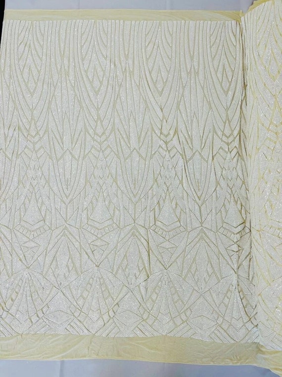 Geometric Shiny Sequin Design On a 4 Way Stretch Mesh-Sold By The Yard. White Nude
