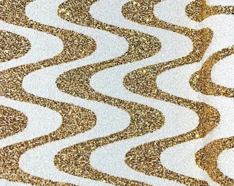 Sequin Wave Design On White stretch velvet all over 5mm shining sequins 2-way stretch, sold by the yard - White - Gold.