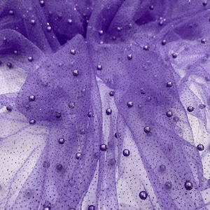 Scattered Pearls Studded with Glitter Mesh, 2-Way Stretch, Sold By the Yard Lavender