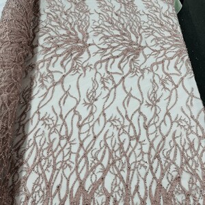 Vine Design Embroider and Heavy Beading On a Mesh Lace-Sold By the Yard. Blush Pink