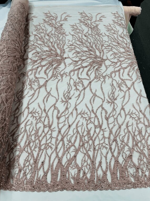 Vine Design Embroider and Heavy Beading On a Mesh Lace-Sold By the Yard. Blush Pink