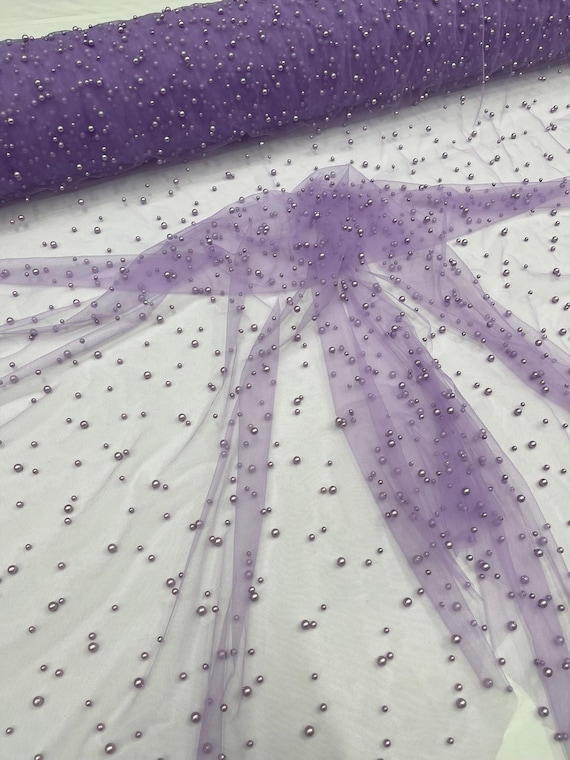 Lilac Heavy Scattered Pearls Studded Mesh, 2-Way Stretch, Sold By The Yard.