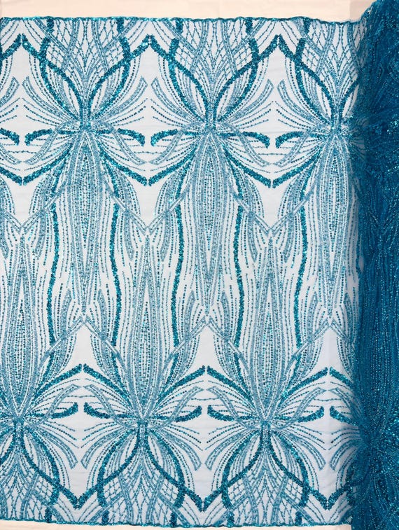 Turquoise Palm Beaded Lace Fabric, Heavy Embroidered Design on 58" Mesh for Dresses
