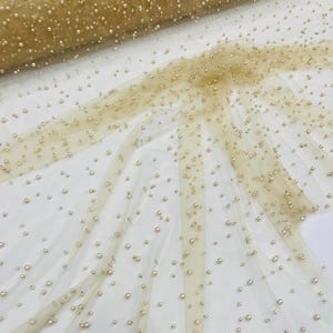 Champagne Heavy Scattered Pearls Studded Mesh, 2-Way Stretch, Sold By The Yard.