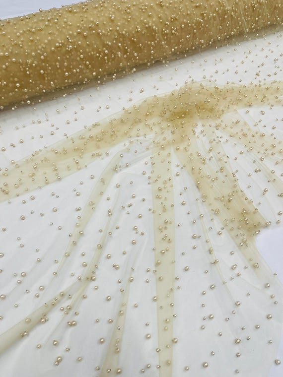 Champagne Heavy Scattered Pearls Studded Mesh, 2-Way Stretch, Sold By The Yard.