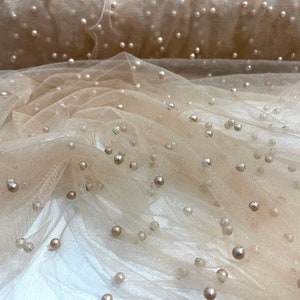 Scattered Pearls Studded Mesh, 2-Way Stretch, Sold By The Yard. Champagne