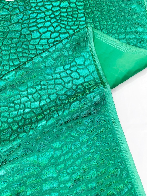 Green Dragon Skin Foil Design On A Stretch Velvet Fabric| Sold By The Yard.