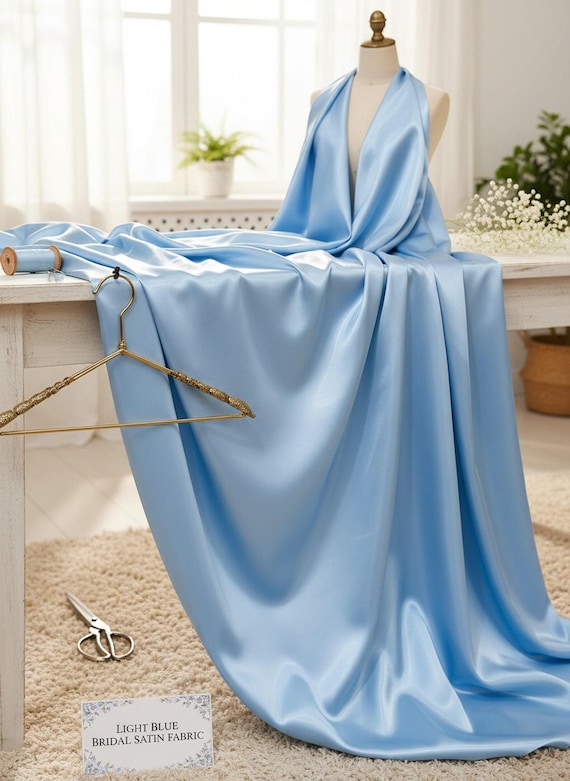 Light Blue Glossy Liquid Bridal Satin Fabric, 58” Wide for Prom and Wedding Dresses.