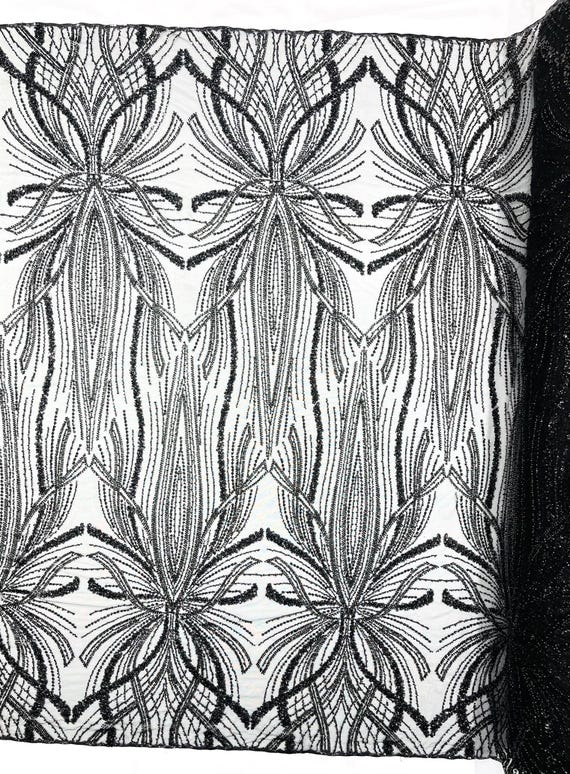 Black Palm Beaded Lace Fabric, Heavy Embroidered Design on 58" Mesh for Dresses