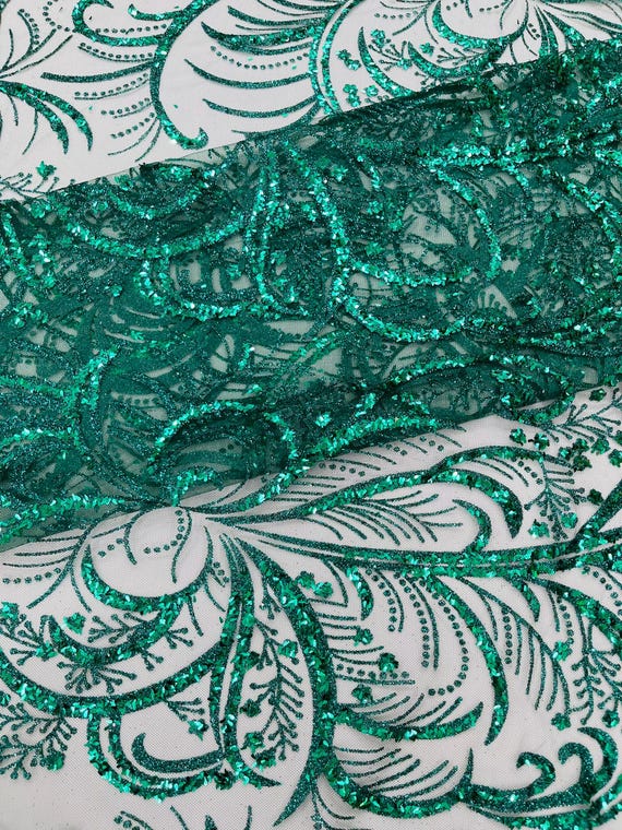 Hunter Green Palm Glitter Vine Design On A Mesh Lace Fabric 58"' Wide Prom.