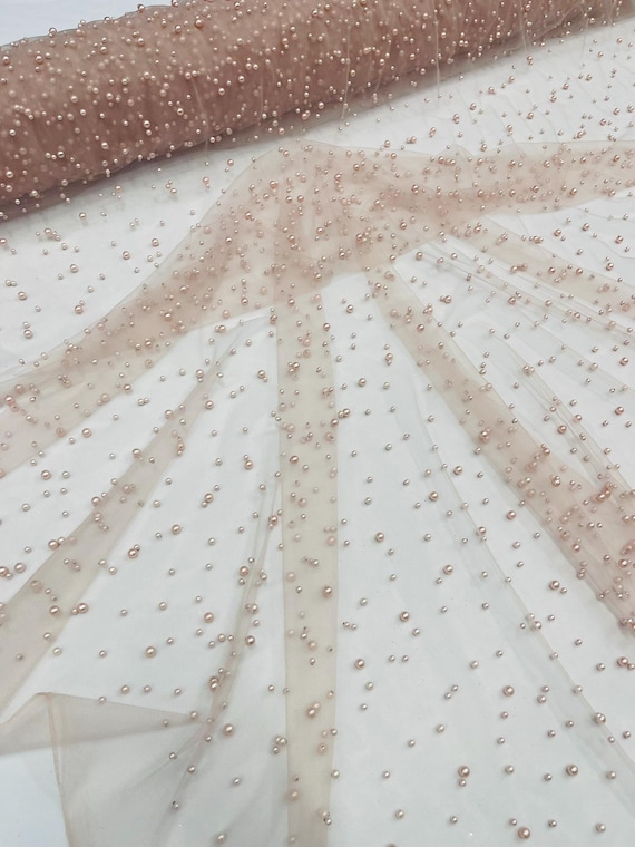 Beige Heavy Scattered Pearls Studded Mesh, 2-Way Stretch, Sold By The Yard.