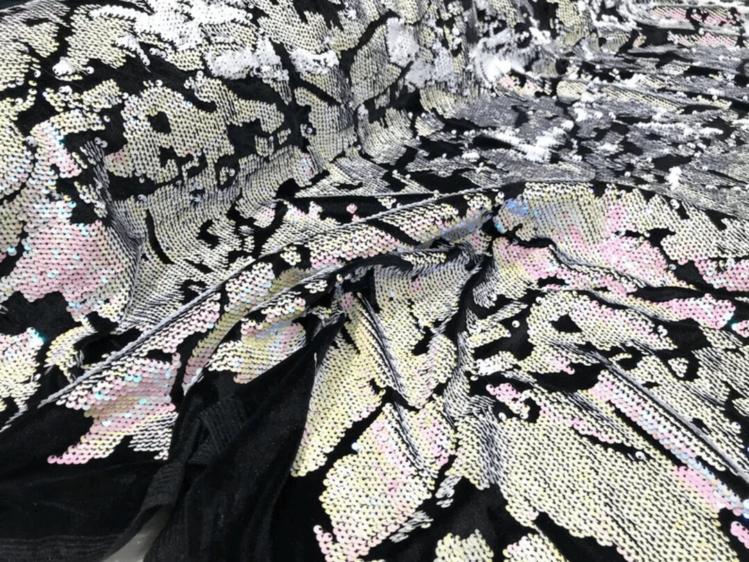 Sequins Flip Two Tone Camouflage Design on a Black Stretch Velvet, Sold by the Yard. Gold/White