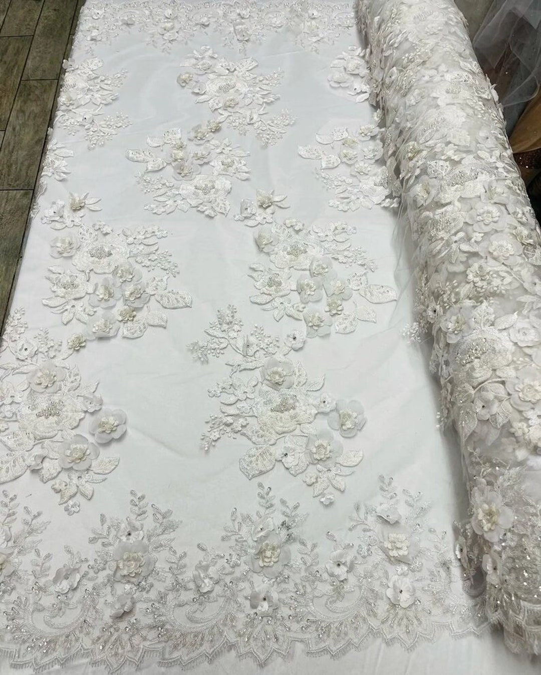 3D floral design embroider with pearls in a mesh lace-sold by the yard. Royal Blue