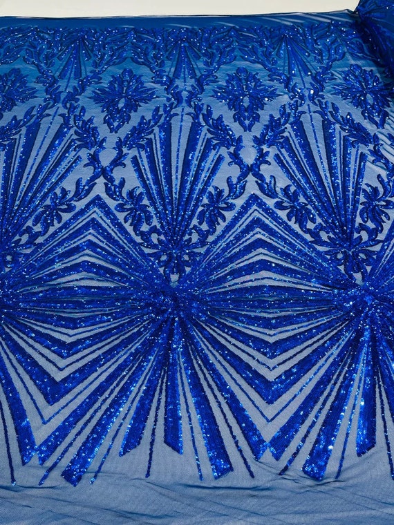 Diamond Damask Design on a 4 Way Stretch Mesh-Prom-Sold by The Yard. Royal Blue